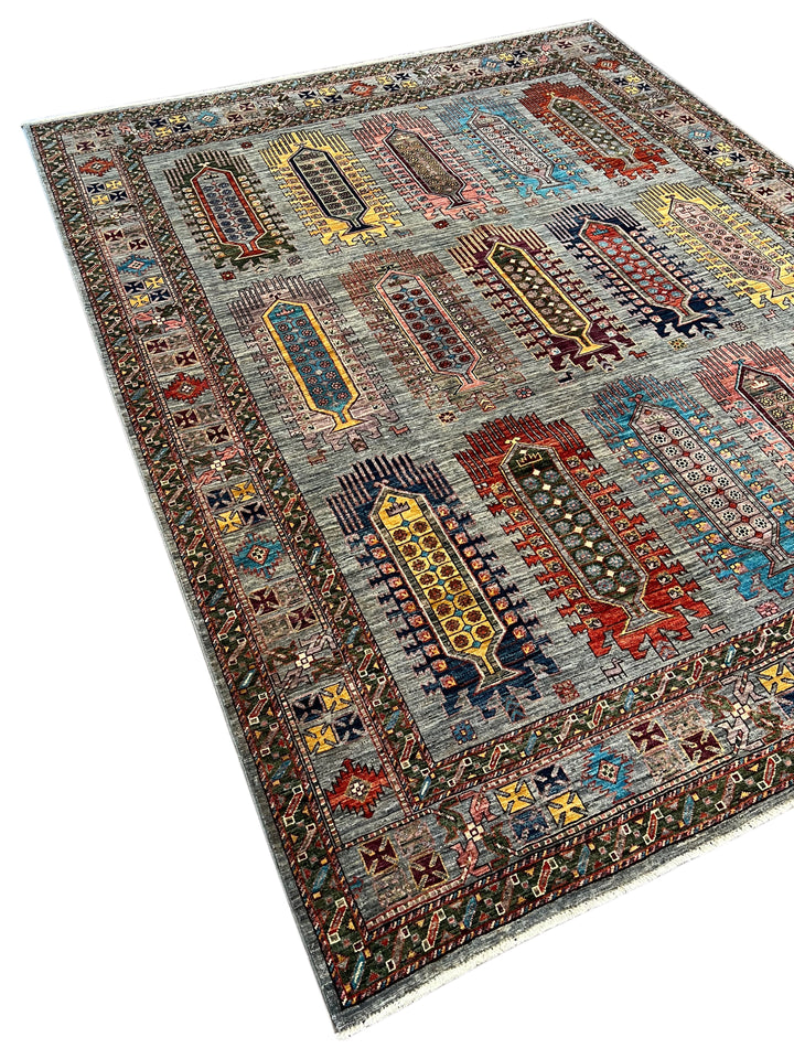 Slate Blue Multicolor Geometric Wool Rug – 8’1” x 10’0”