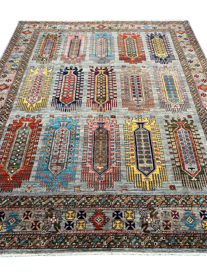 Slate Blue Multicolor Geometric Wool Rug – 8’1” x 10’0”