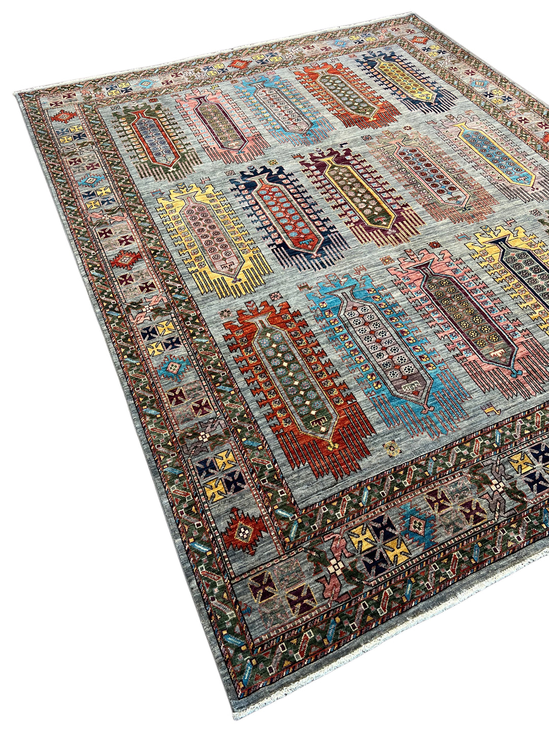 Slate Blue Multicolor Geometric Wool Rug – 8’1” x 10’0”