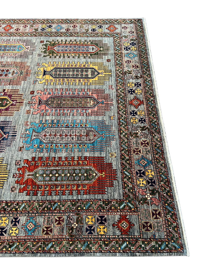 Slate Blue Multicolor Geometric Wool Rug – 8’1” x 10’0”