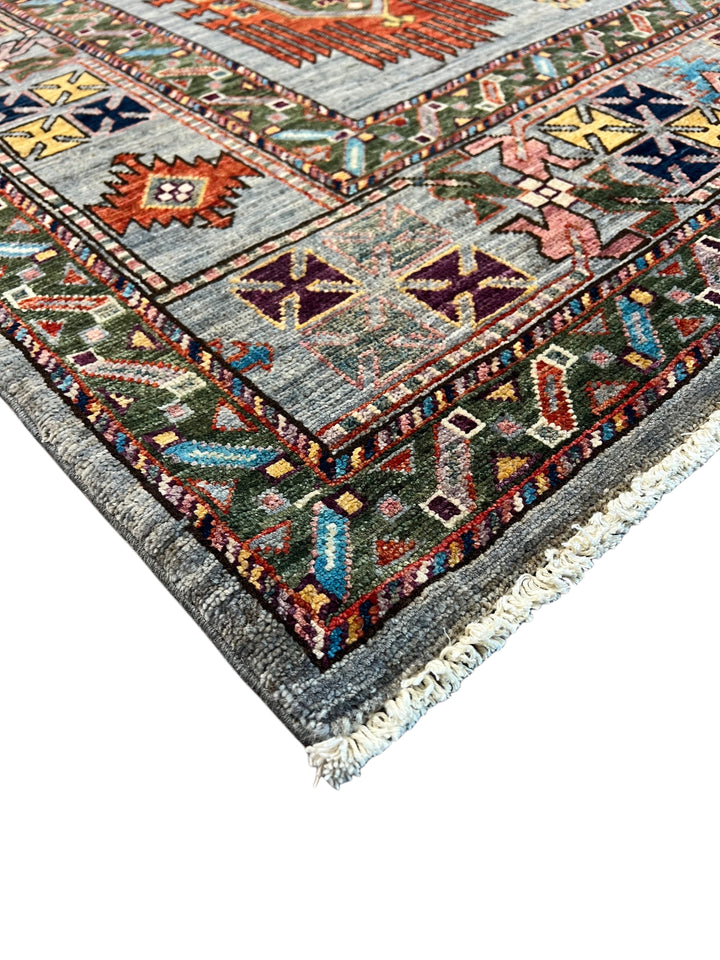 Slate Blue Multicolor Geometric Wool Rug – 8’1” x 10’0”
