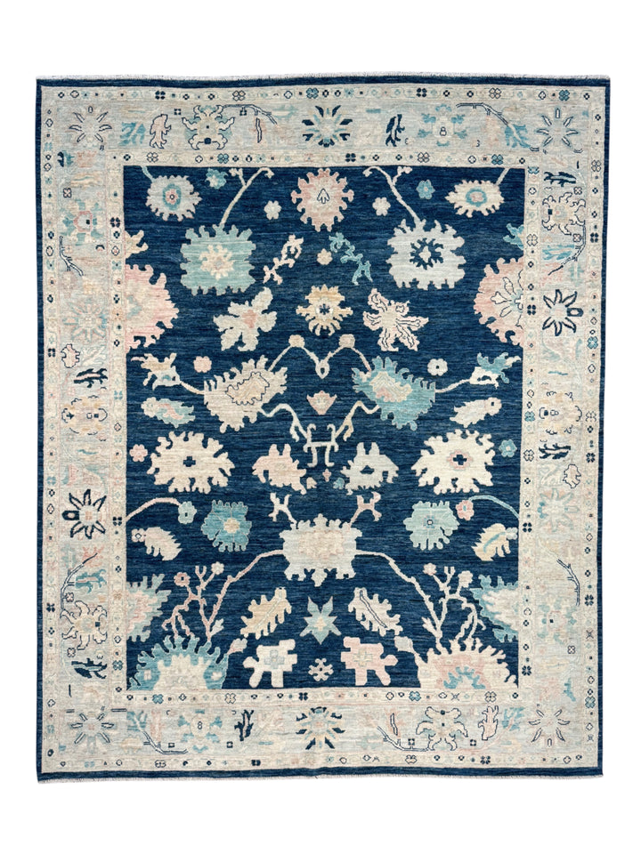 Deep Navy &amp; Ivory Floral Ushak Wool Rug – 8’0” x 9’10”
