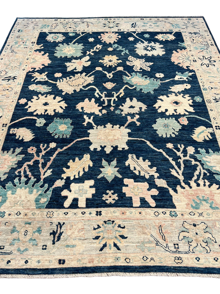 Deep Navy &amp; Ivory Floral Ushak Wool Rug – 8’0” x 9’10”