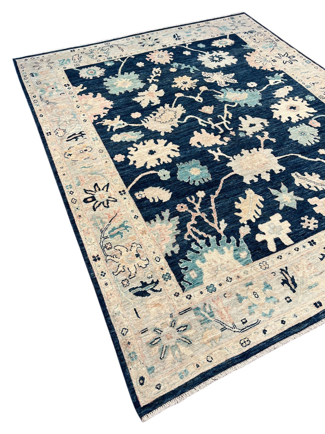 Deep Navy &amp; Ivory Floral Ushak Wool Rug – 8’0” x 9’10”
