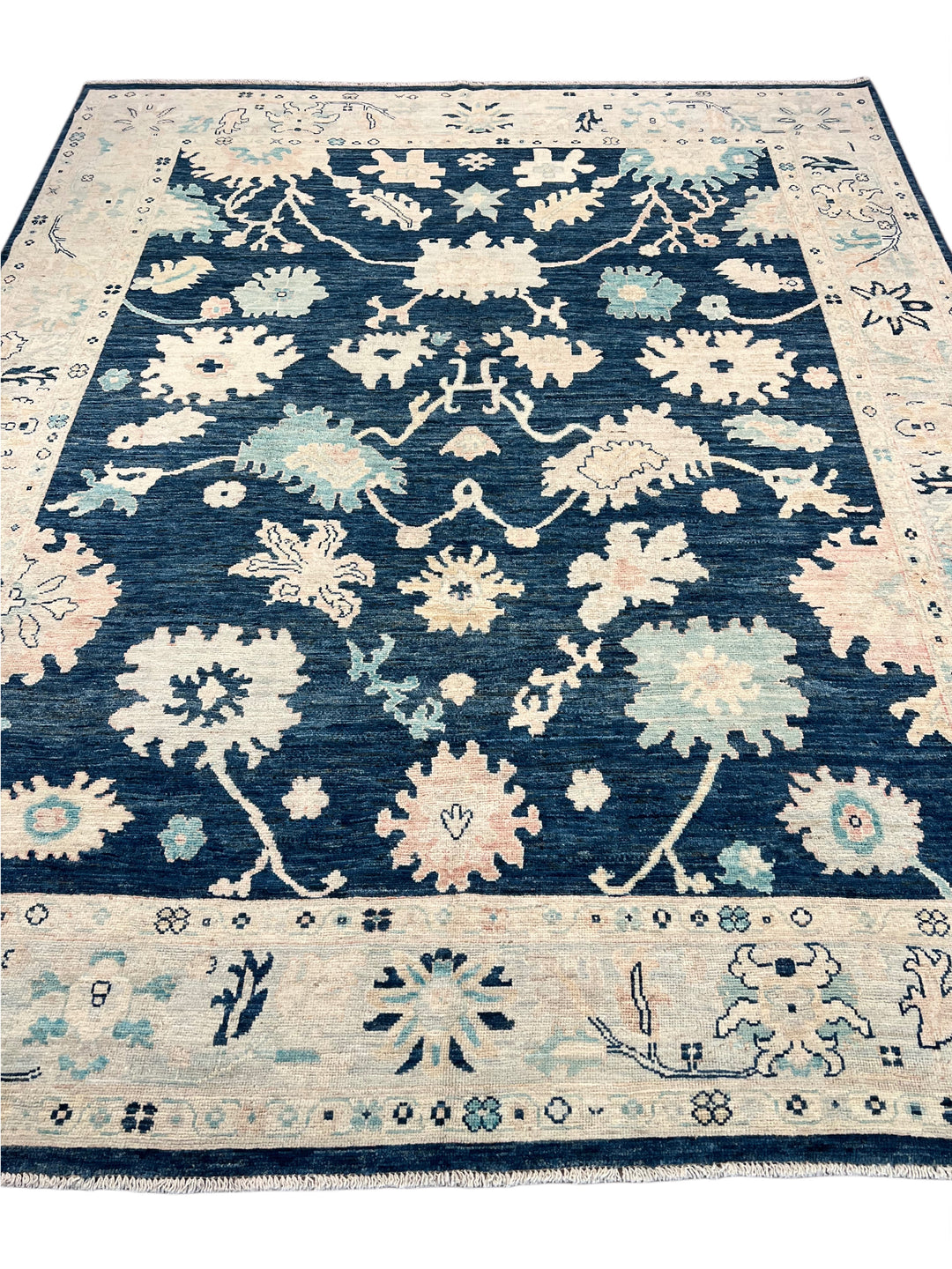 Deep Navy &amp; Ivory Floral Ushak Wool Rug – 8’0” x 9’10”