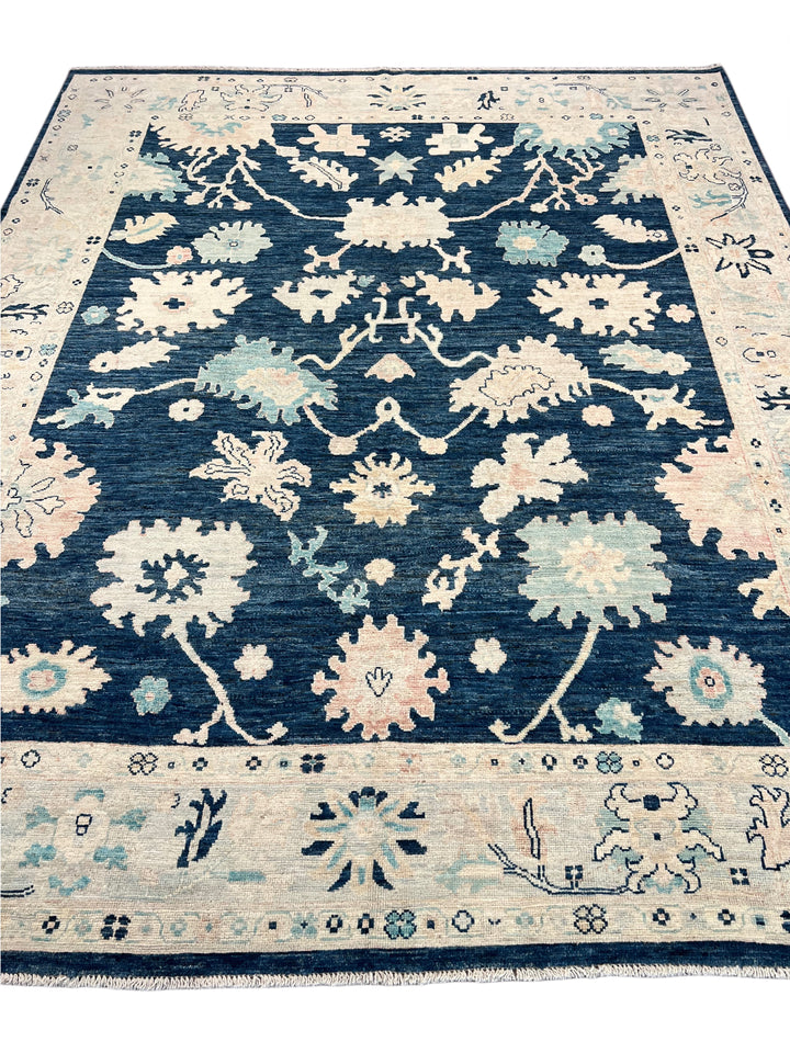 Deep Navy &amp; Ivory Floral Ushak Wool Rug – 8’0” x 9’10”