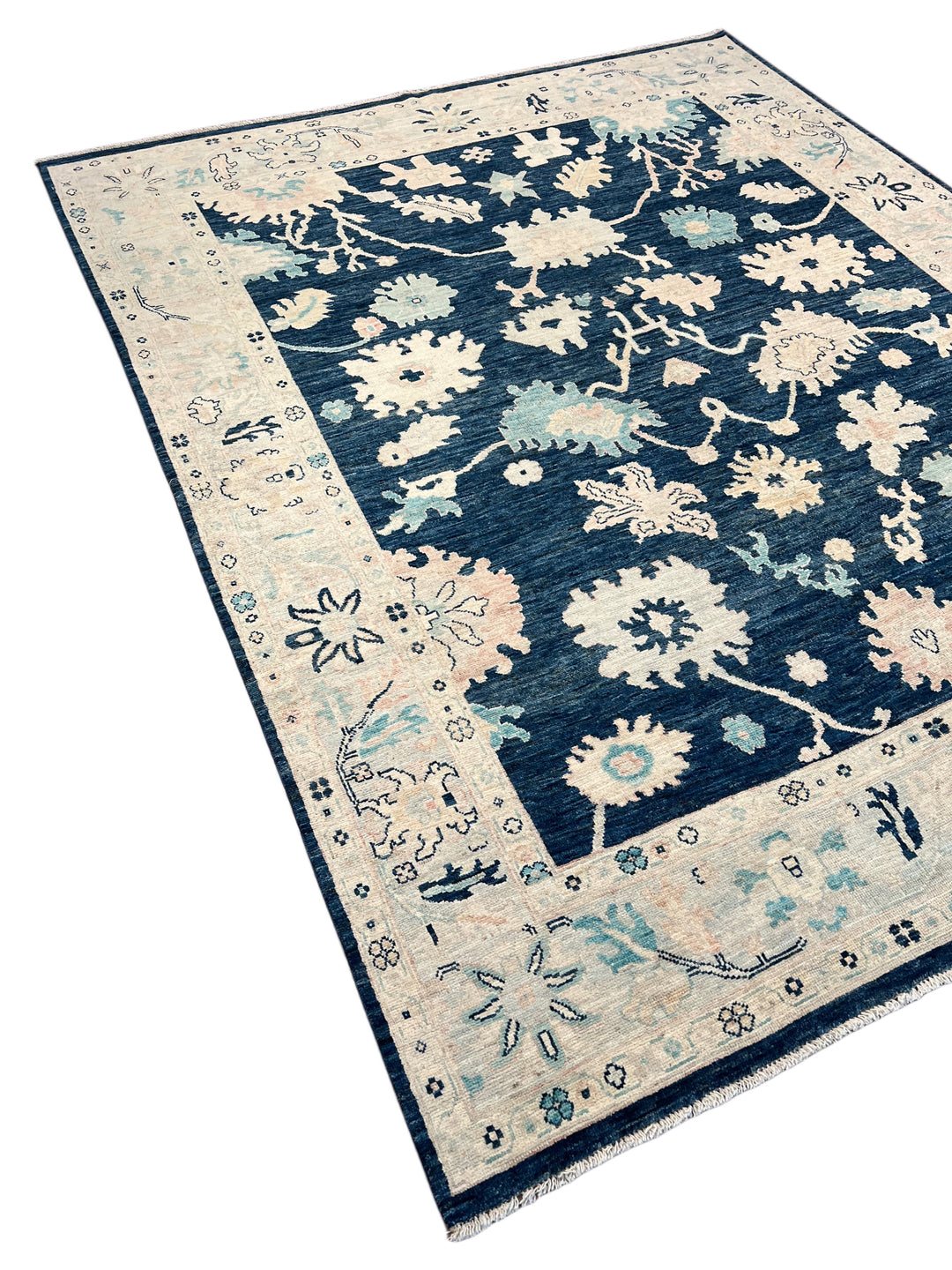 Deep Navy &amp; Ivory Floral Ushak Wool Rug – 8’0” x 9’10”
