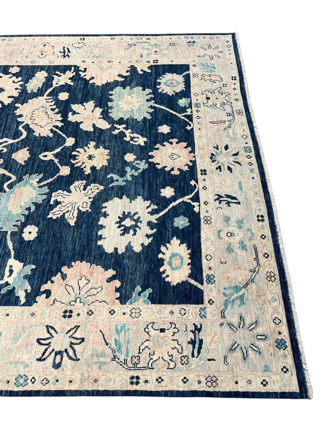 Deep Navy &amp; Ivory Floral Ushak Wool Rug – 8’0” x 9’10”