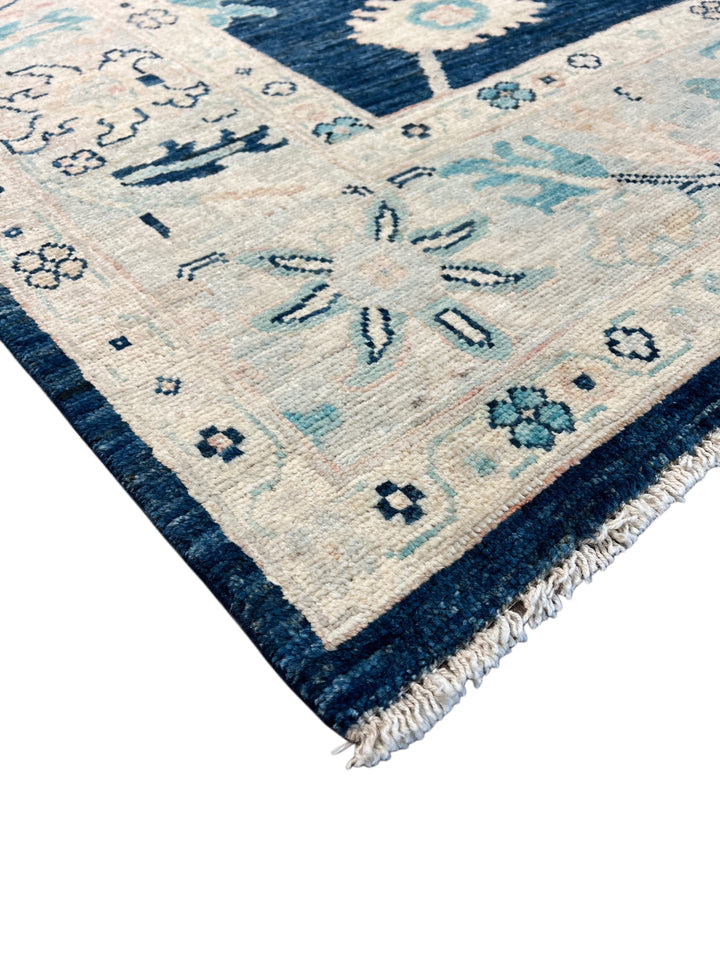 Deep Navy &amp; Ivory Floral Ushak Wool Rug – 8’0” x 9’10”