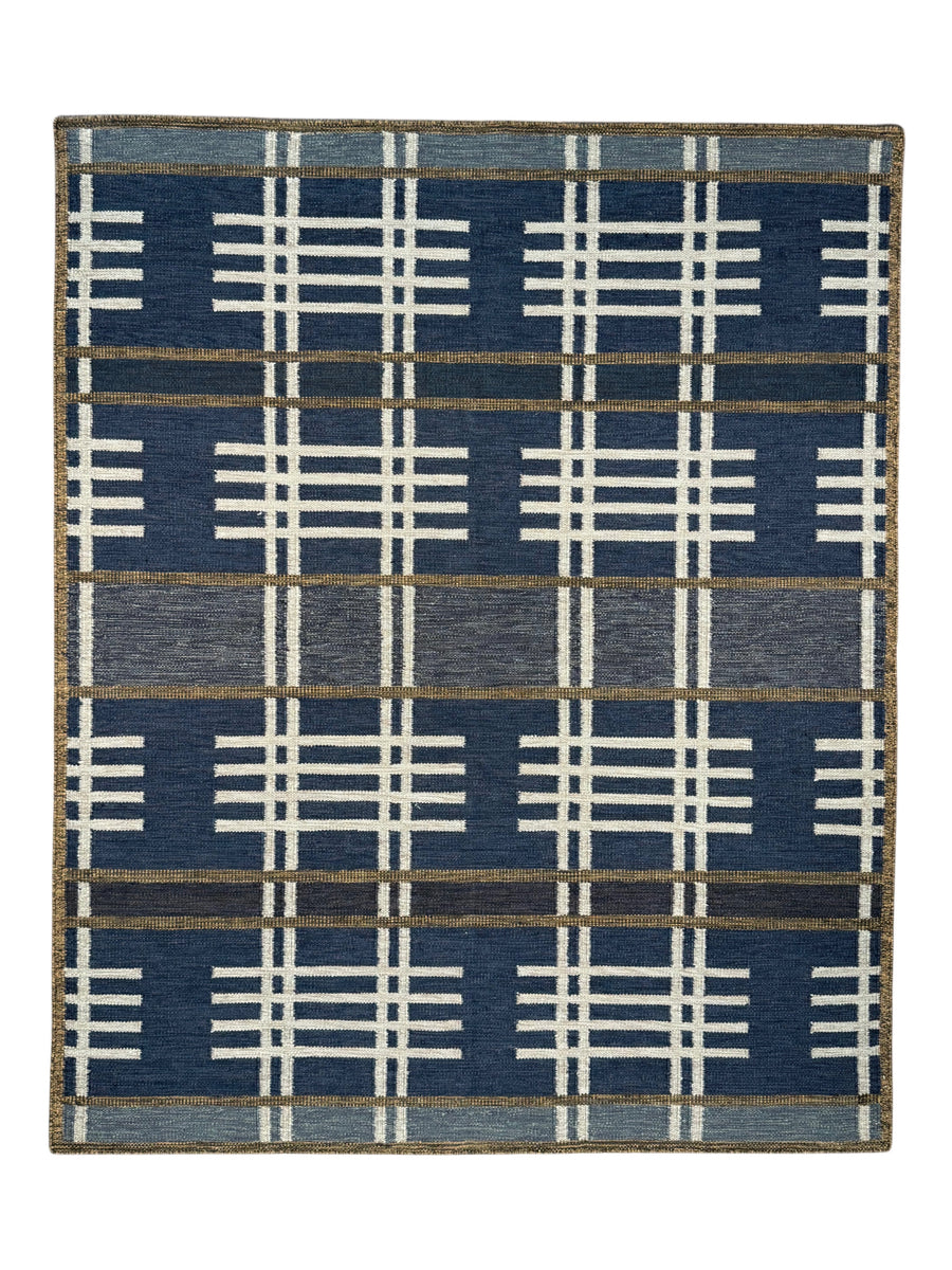 Navy Blue & Ivory Geometric Plaid Wool Rug – 8’2” x 10’0”