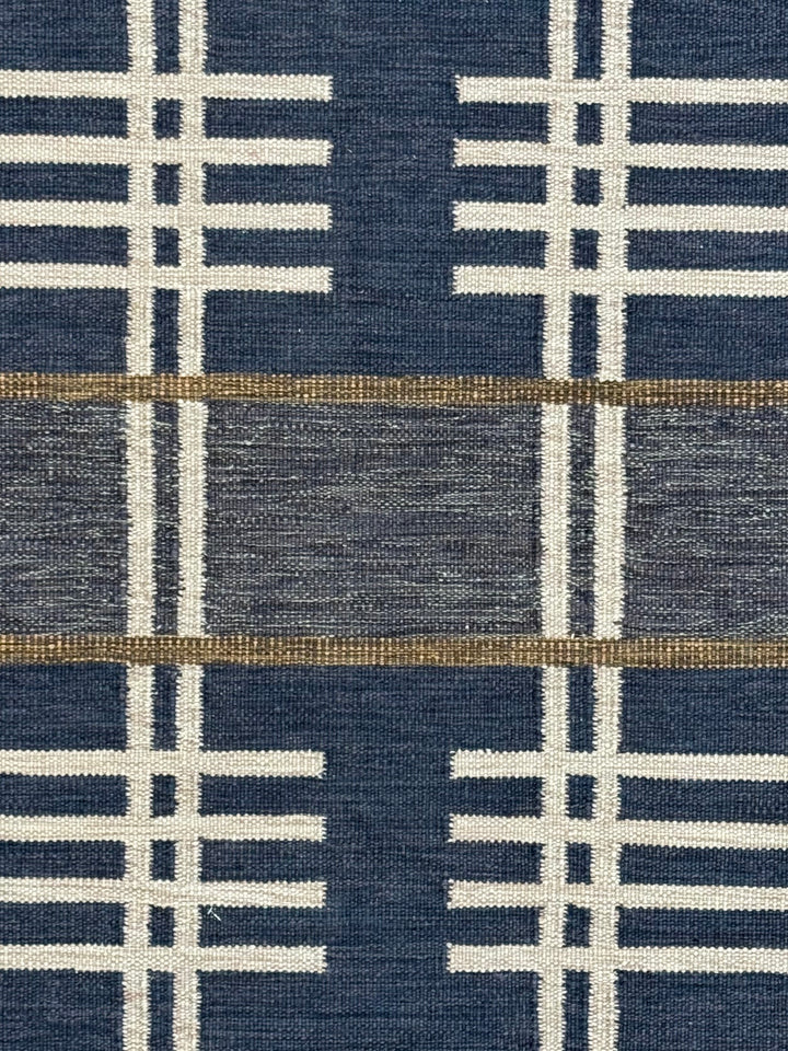 Navy Blue &amp; Ivory Geometric Plaid Wool Rug – 8’2” x 10’0”