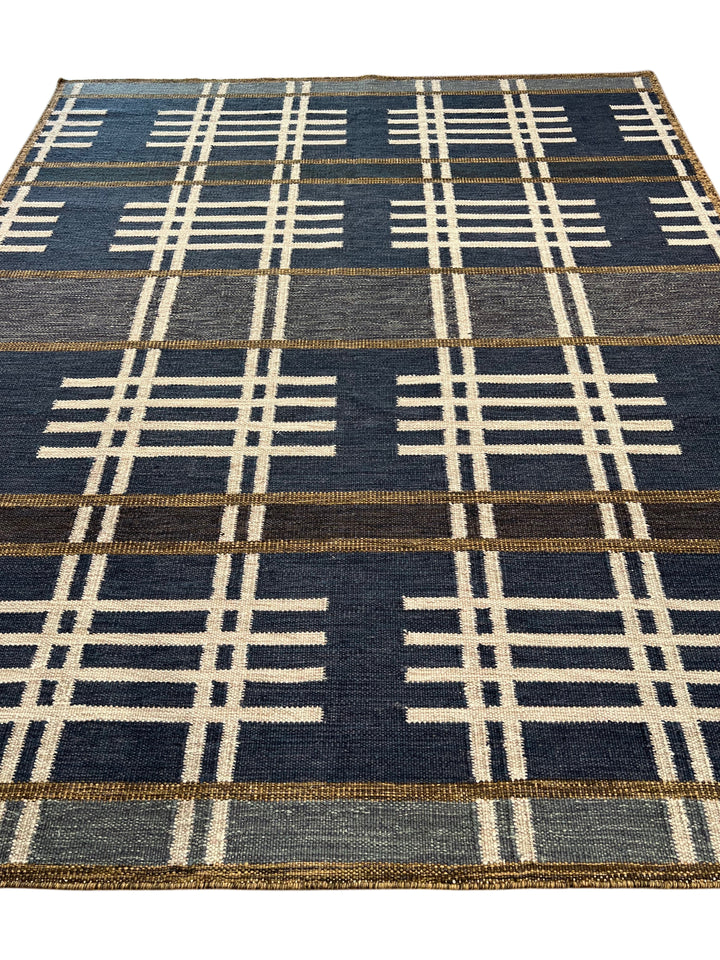 Navy Blue &amp; Ivory Geometric Plaid Wool Rug – 8’2” x 10’0”
