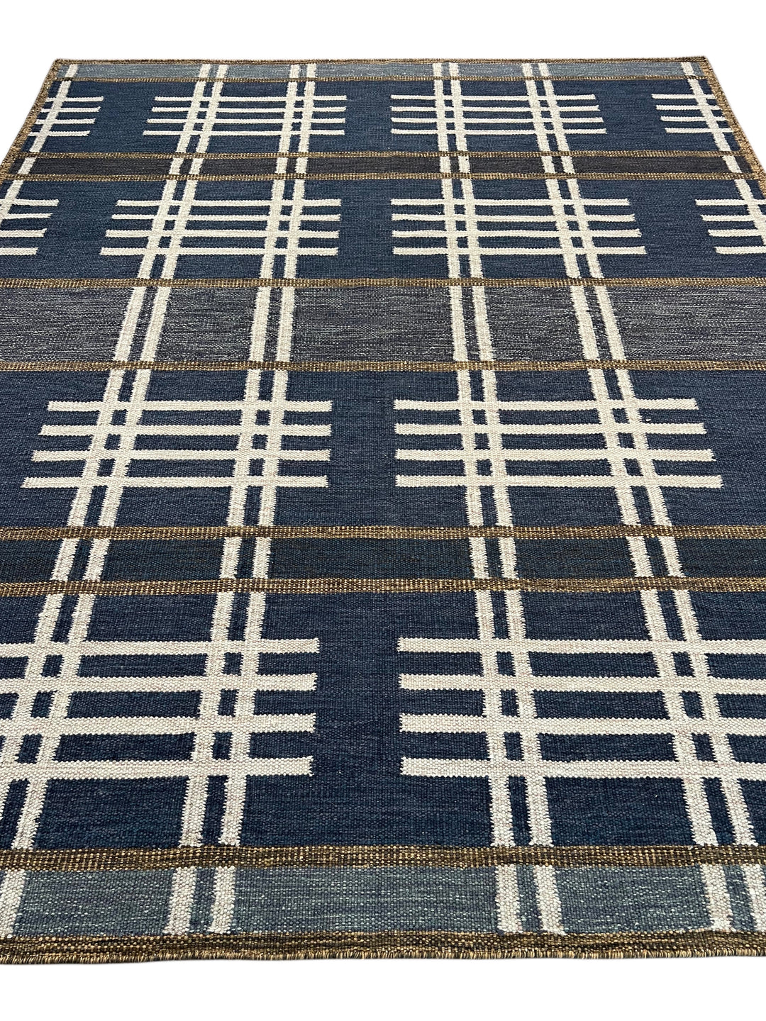 Navy Blue &amp; Ivory Geometric Plaid Wool Rug – 8’2” x 10’0”
