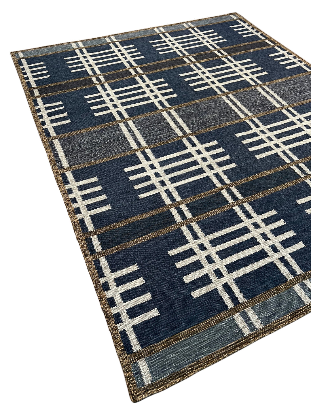 Navy Blue &amp; Ivory Geometric Plaid Wool Rug – 8’2” x 10’0”
