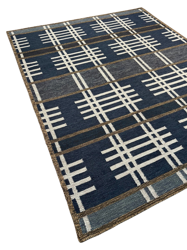 Navy Blue &amp; Ivory Geometric Plaid Wool Rug – 8’2” x 10’0”