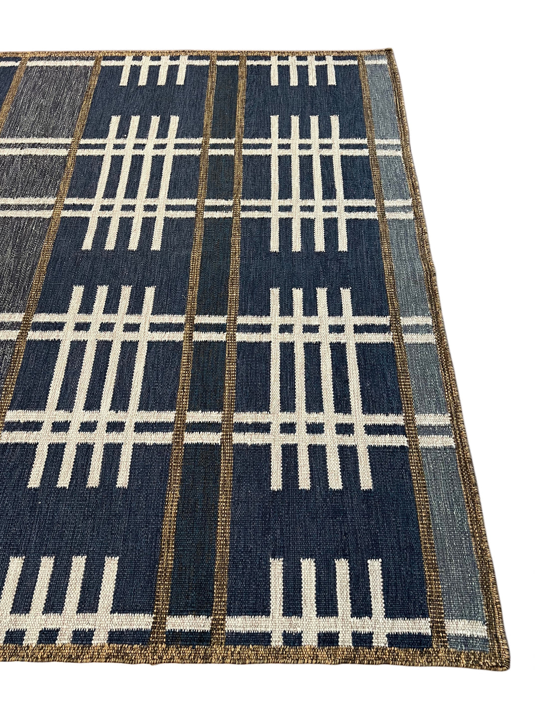 Navy Blue &amp; Ivory Geometric Plaid Wool Rug – 8’2” x 10’0”
