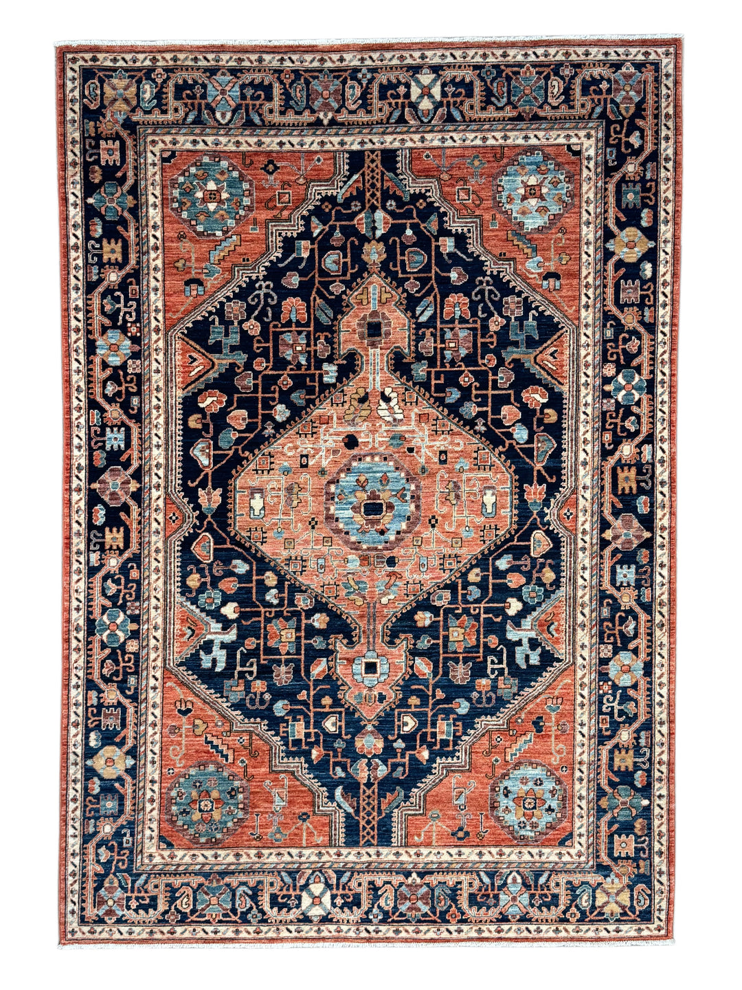 Navy Blue &amp; Terracotta Medallion Traditional Style Wool Rug – 6’4” x 9’3”
