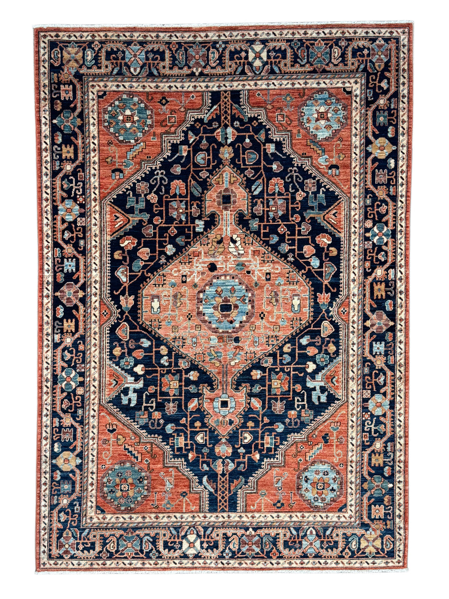 Navy Blue & Terracotta Medallion Traditional Style Wool Rug – 6’4” x 9’3”