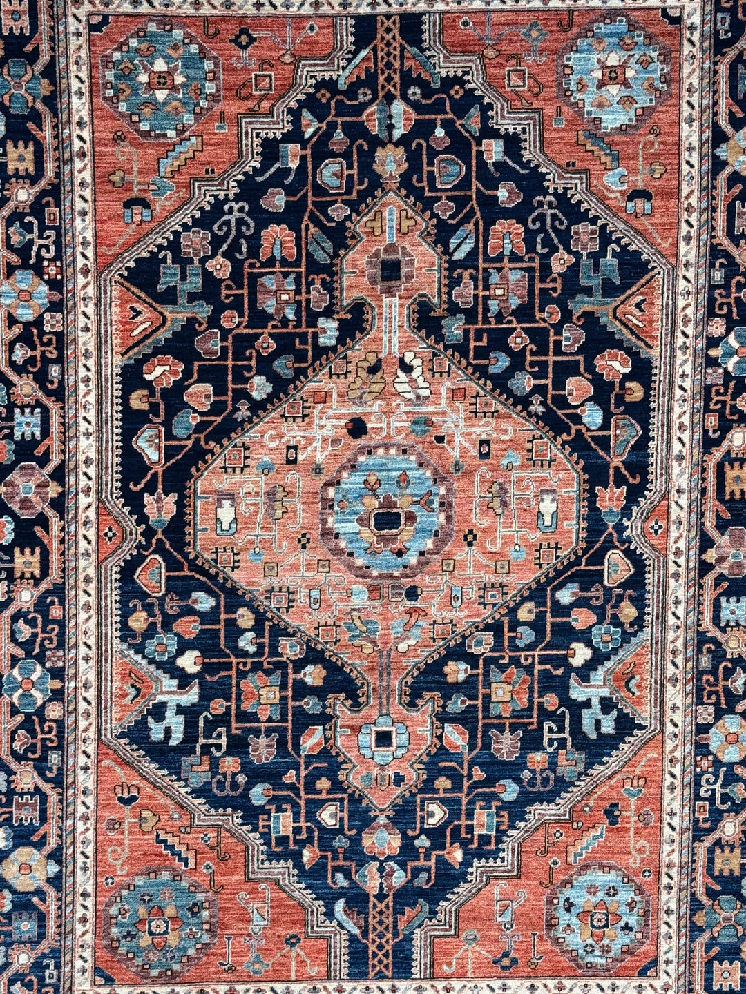 Navy Blue &amp; Terracotta Medallion Traditional Style Wool Rug – 6’4” x 9’3”