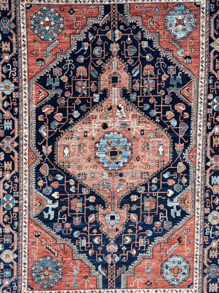 Navy Blue &amp; Terracotta Medallion Traditional Style Wool Rug – 6’4” x 9’3”