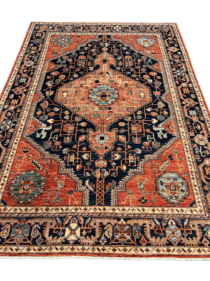 Navy Blue &amp; Terracotta Medallion Traditional Style Wool Rug – 6’4” x 9’3”