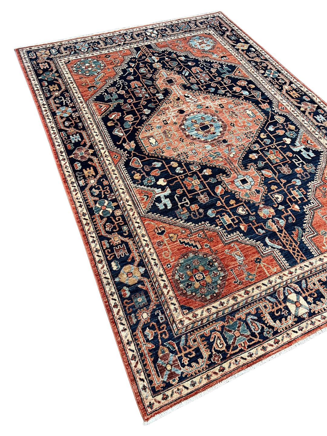 Navy Blue &amp; Terracotta Medallion Traditional Style Wool Rug – 6’4” x 9’3”