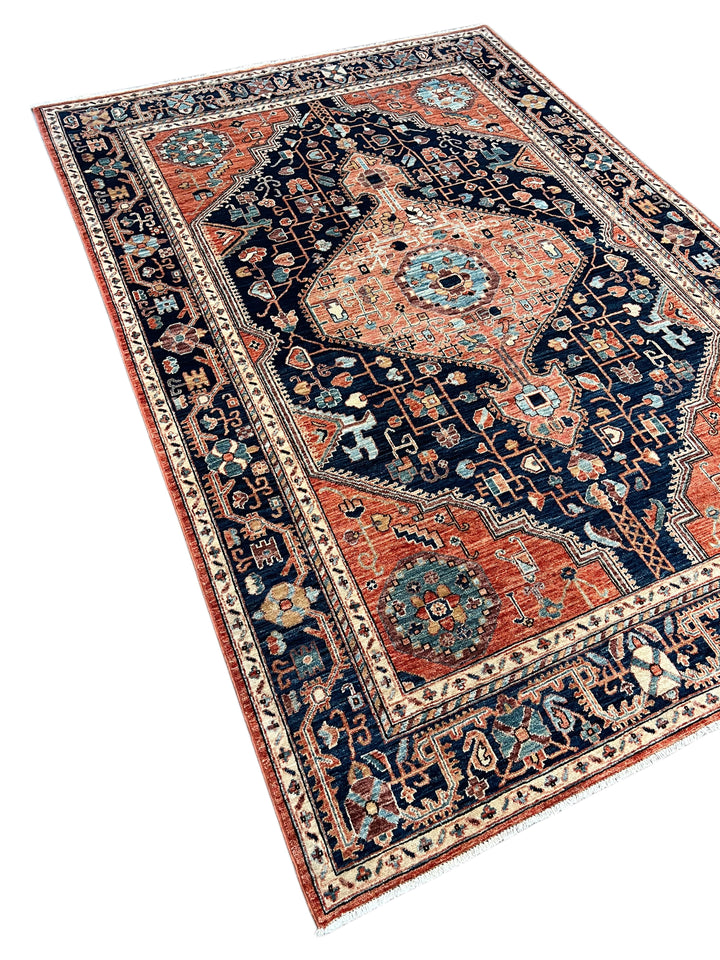 Navy Blue &amp; Terracotta Medallion Traditional Style Wool Rug – 6’4” x 9’3”