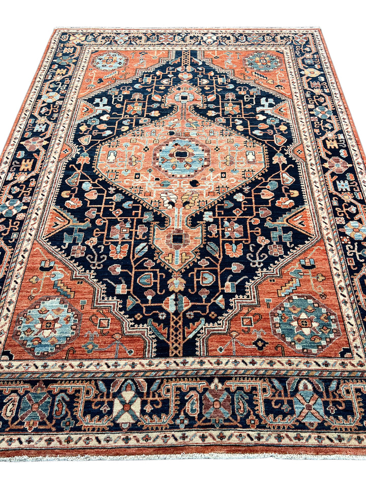 Navy Blue &amp; Terracotta Medallion Traditional Style Wool Rug – 6’4” x 9’3”