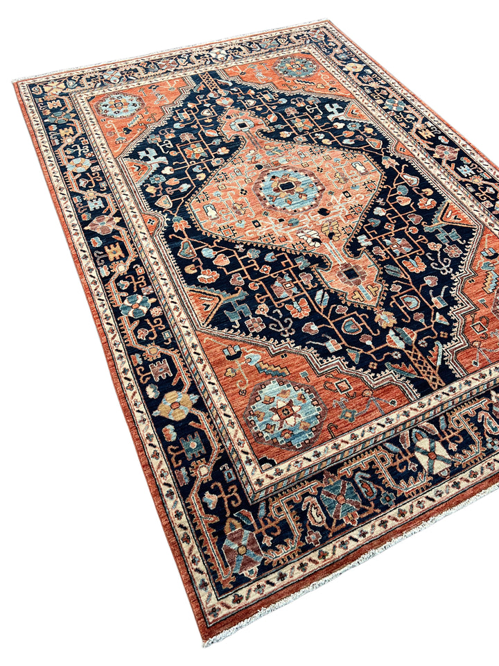 Navy Blue &amp; Terracotta Medallion Traditional Style Wool Rug – 6’4” x 9’3”