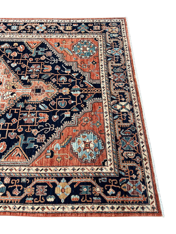 Navy Blue &amp; Terracotta Medallion Traditional Style Wool Rug – 6’4” x 9’3”