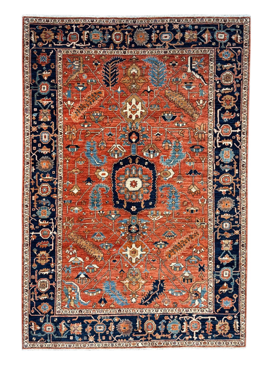 Terracotta &amp; Navy Floral Medallion Traditional Style Wool Rug – 6’3” x 9’1”