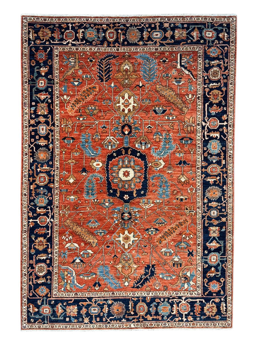 Terracotta & Navy Floral Medallion Traditional Style Wool Rug – 6’3” x 9’1”