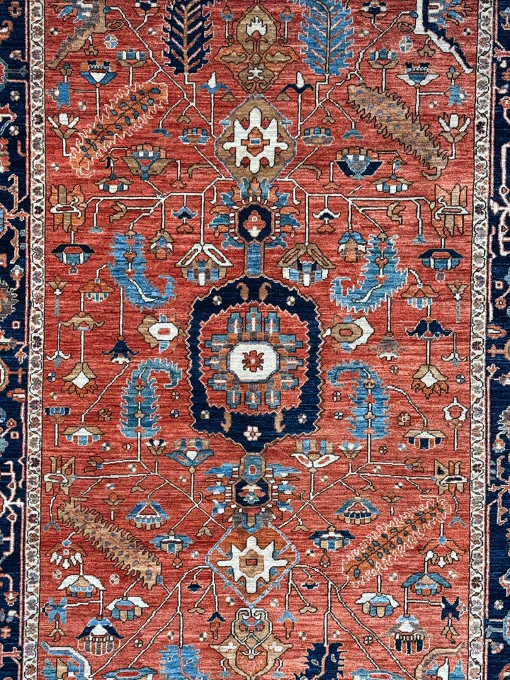 Terracotta &amp; Navy Floral Medallion Traditional Style Wool Rug – 6’3” x 9’1”