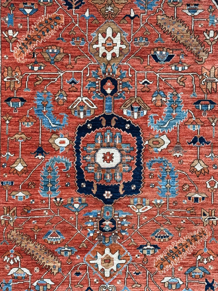 Terracotta &amp; Navy Floral Medallion Traditional Style Wool Rug – 6’3” x 9’1”