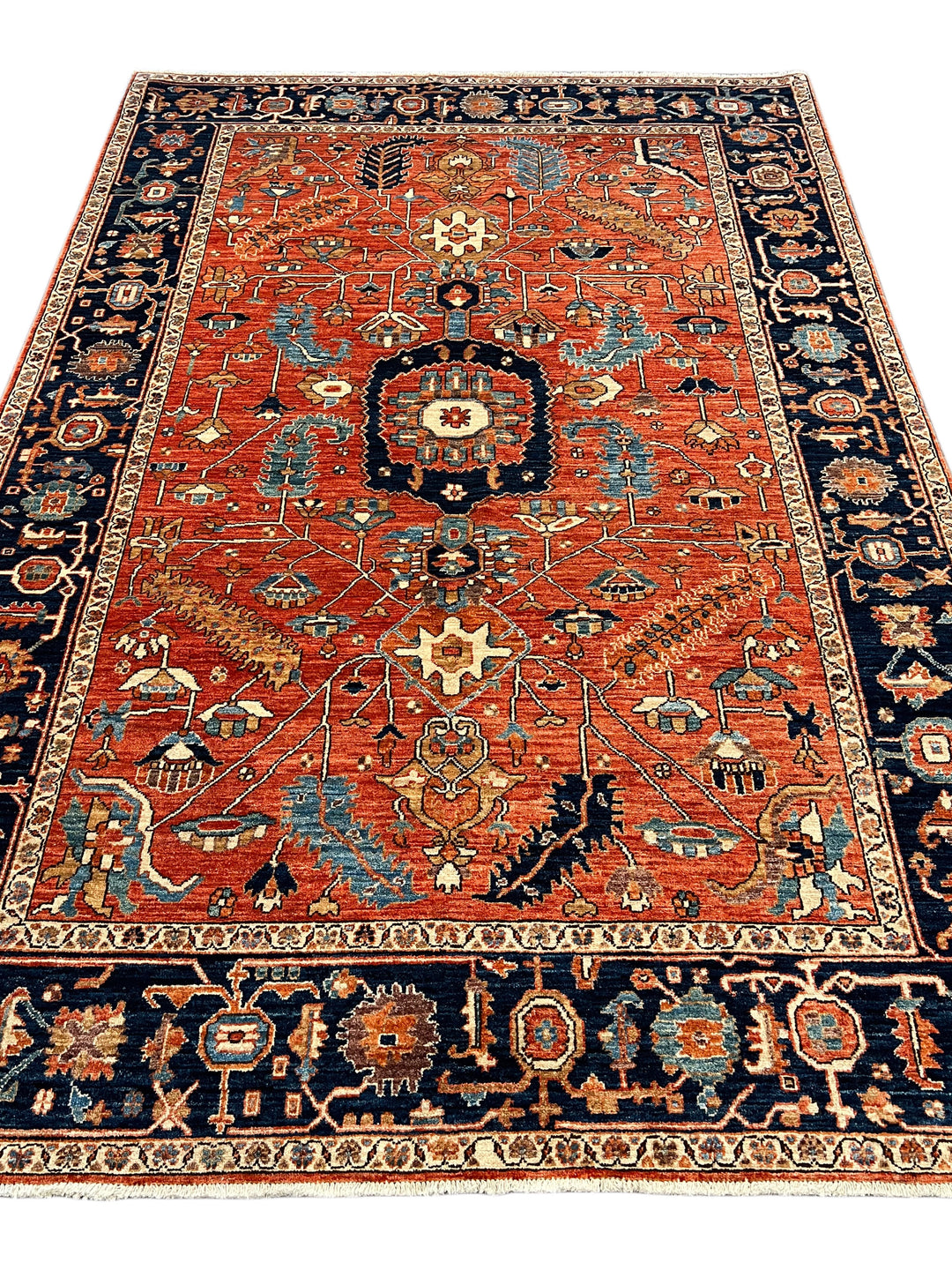 Terracotta &amp; Navy Floral Medallion Traditional Style Wool Rug – 6’3” x 9’1”
