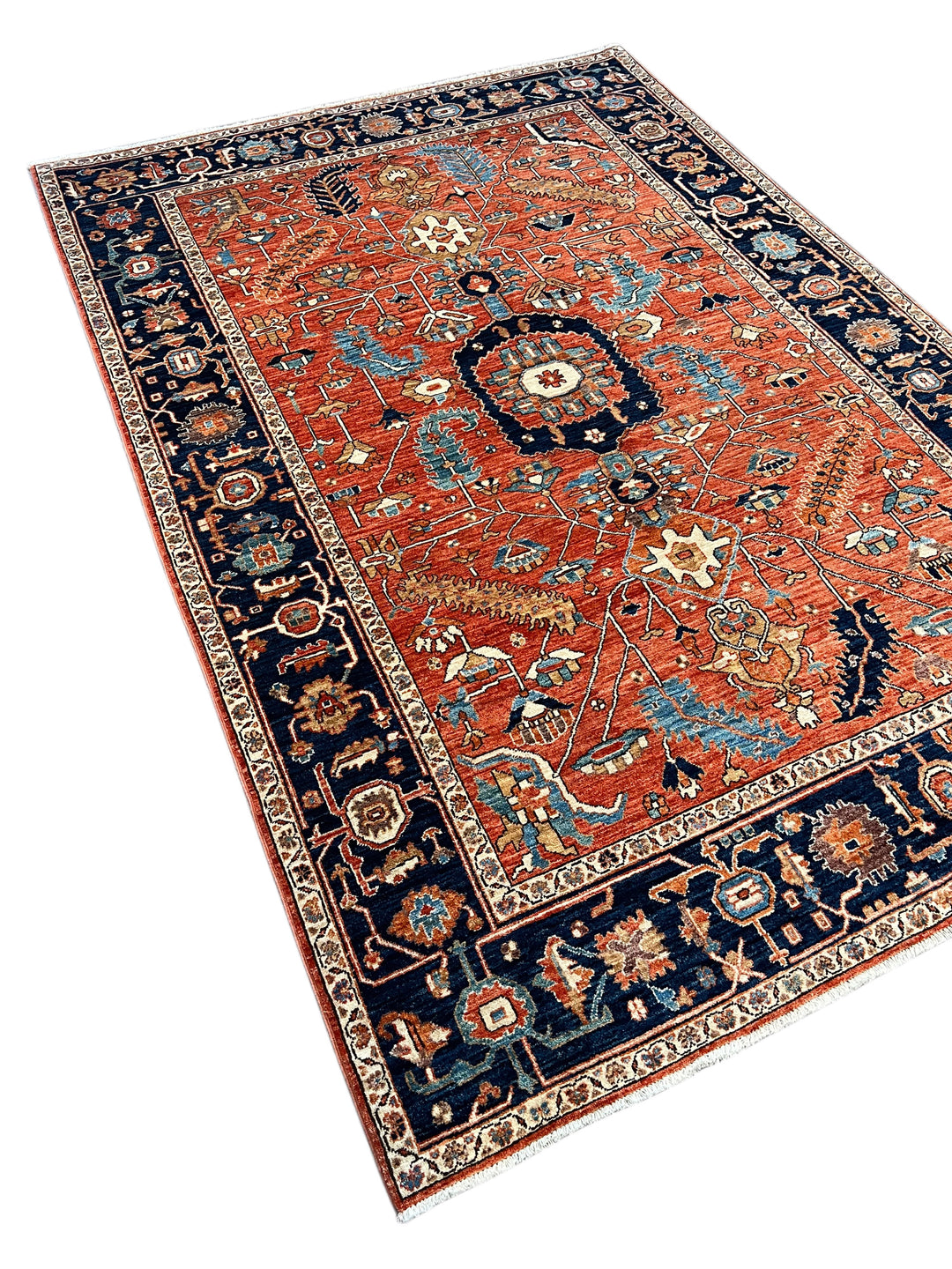 Terracotta &amp; Navy Floral Medallion Traditional Style Wool Rug – 6’3” x 9’1”