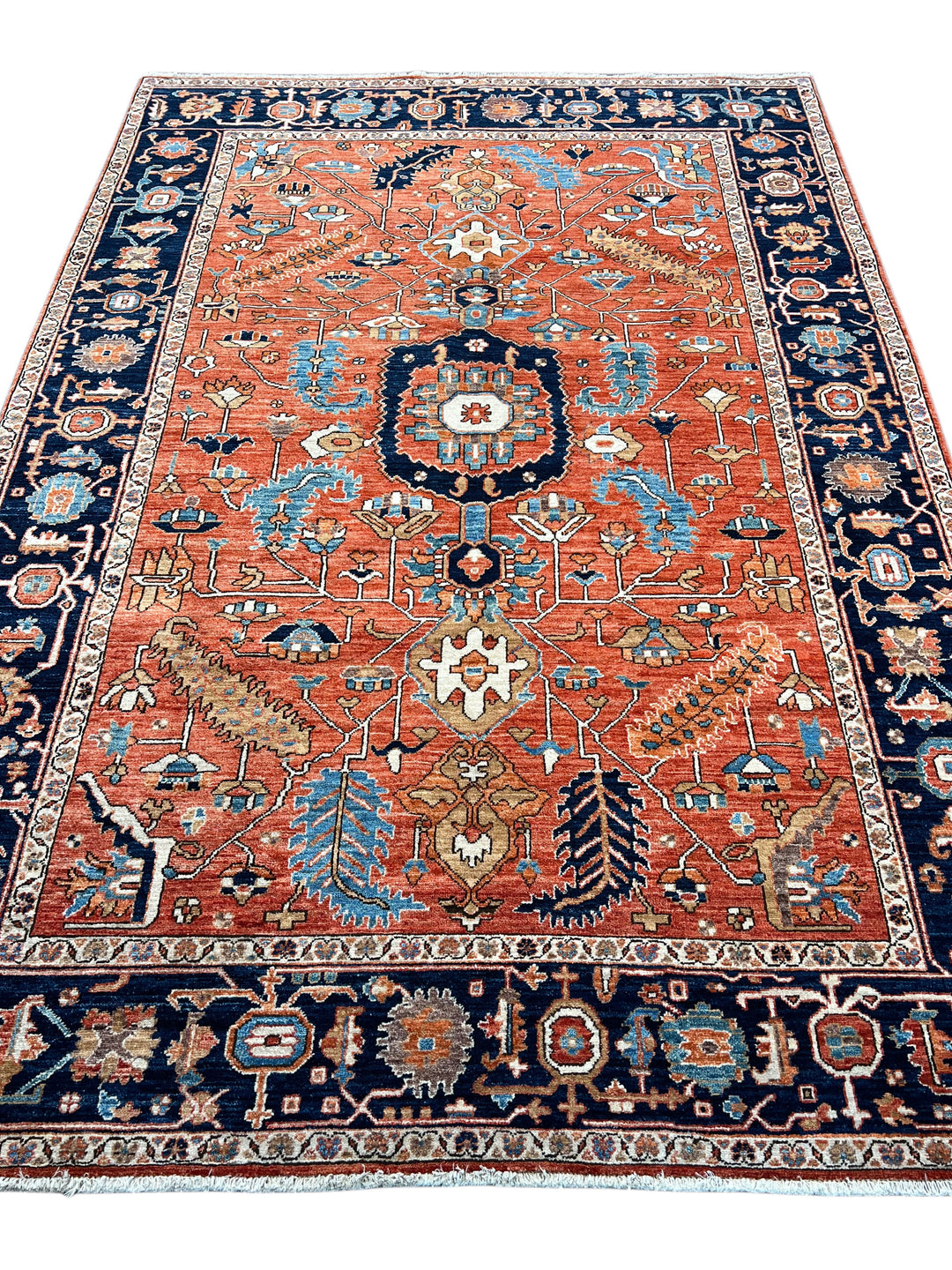 Terracotta &amp; Navy Floral Medallion Traditional Style Wool Rug – 6’3” x 9’1”