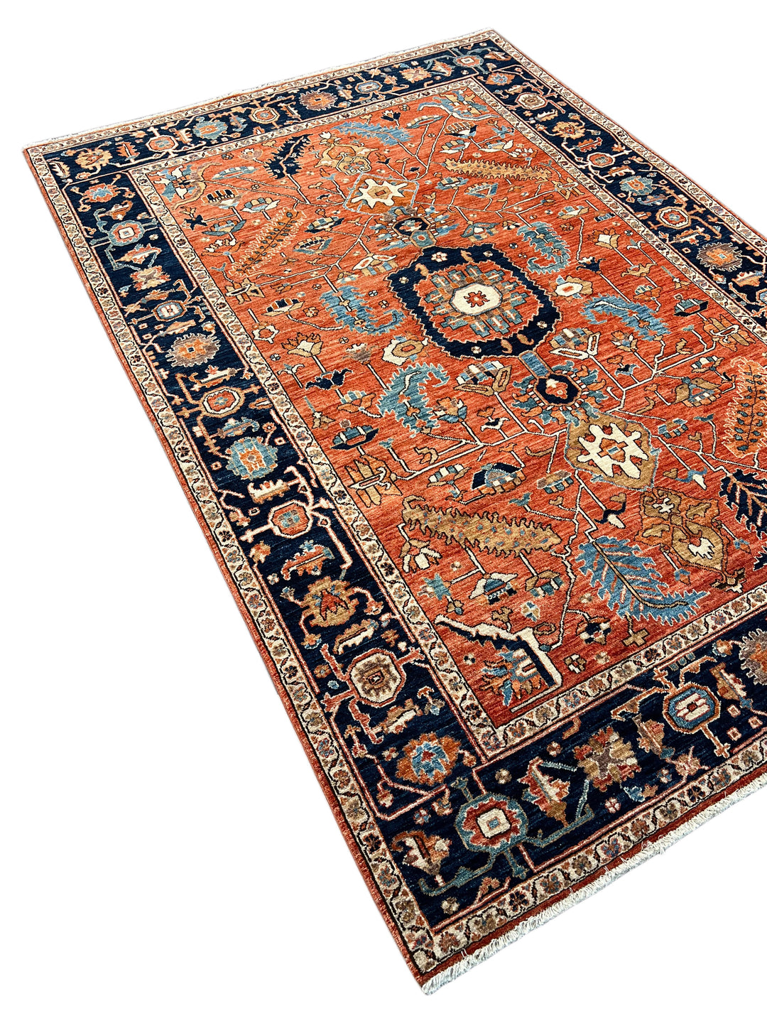 Terracotta &amp; Navy Floral Medallion Traditional Style Wool Rug – 6’3” x 9’1”