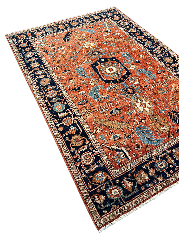 Terracotta &amp; Navy Floral Medallion Traditional Style Wool Rug – 6’3” x 9’1”
