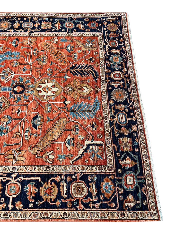 Terracotta &amp; Navy Floral Medallion Traditional Style Wool Rug – 6’3” x 9’1”