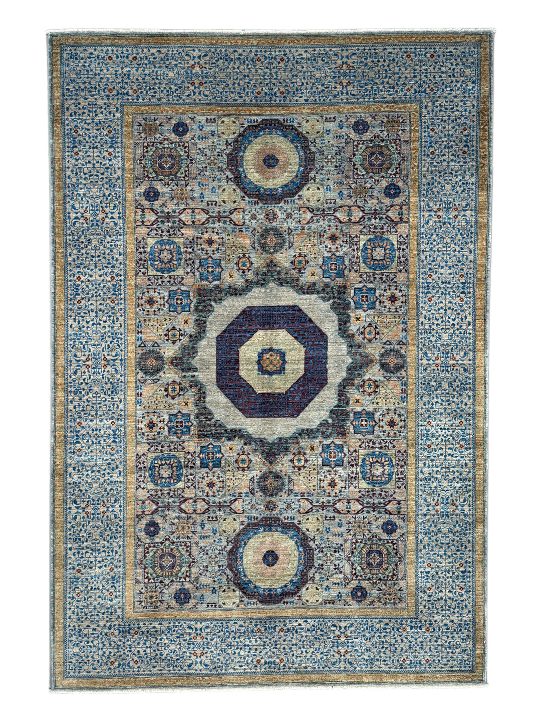 Blue, Ivory &amp; Plum Mamluk Style Geometric Wool Rug – 6’1” x 9’0”