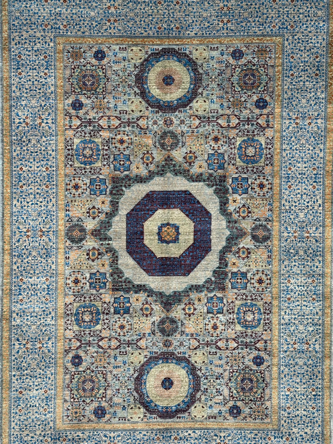 Blue, Ivory &amp; Plum Mamluk Style Geometric Wool Rug – 6’1” x 9’0”