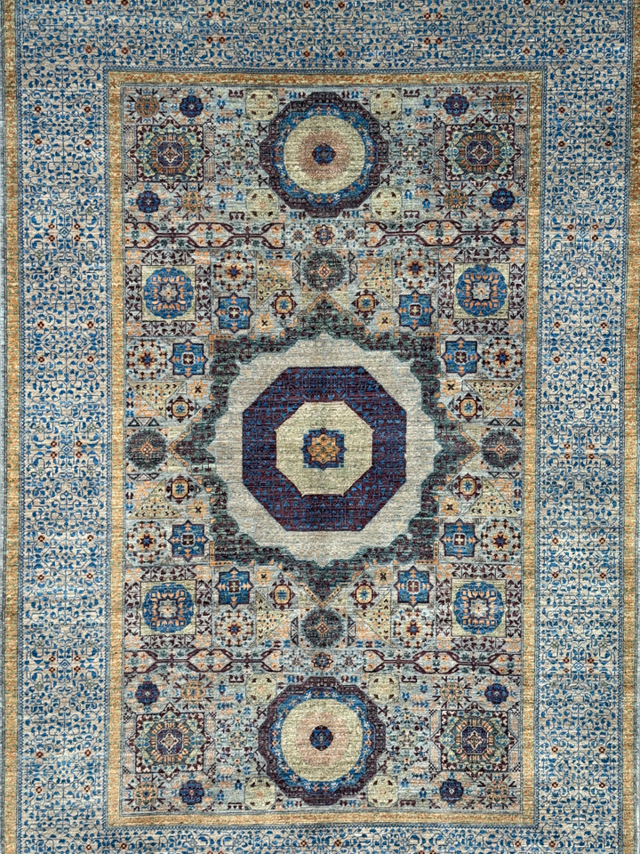 Blue, Ivory &amp; Plum Mamluk Style Geometric Wool Rug – 6’1” x 9’0”