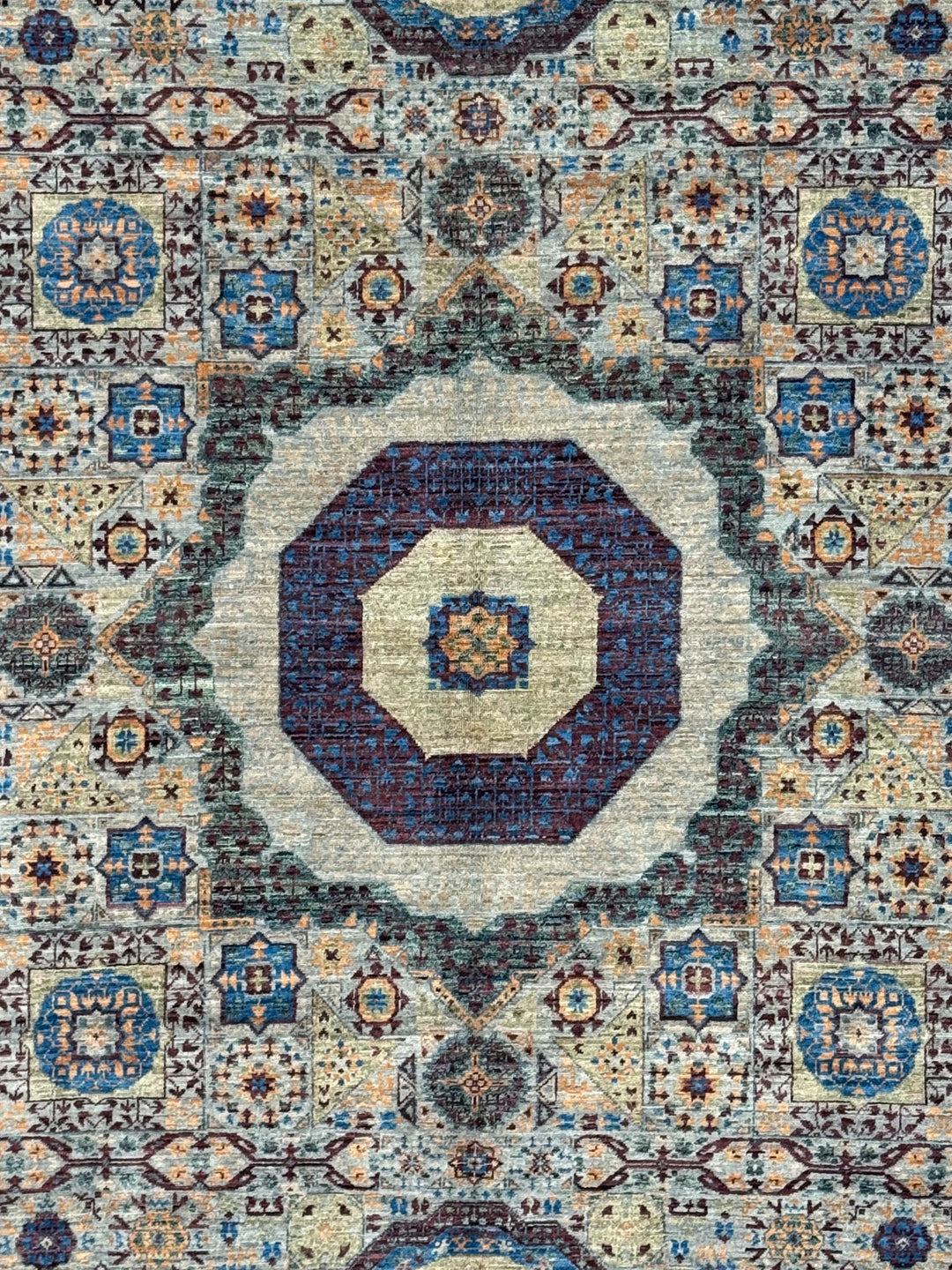 Blue, Ivory &amp; Plum Mamluk Style Geometric Wool Rug – 6’1” x 9’0”