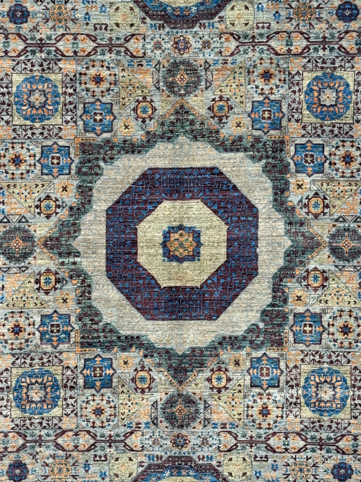 Blue, Ivory &amp; Plum Mamluk Style Geometric Wool Rug – 6’1” x 9’0”