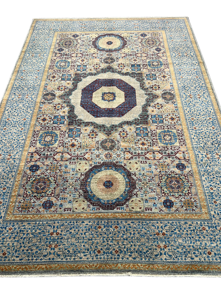 Blue, Ivory &amp; Plum Mamluk Style Geometric Wool Rug – 6’1” x 9’0”
