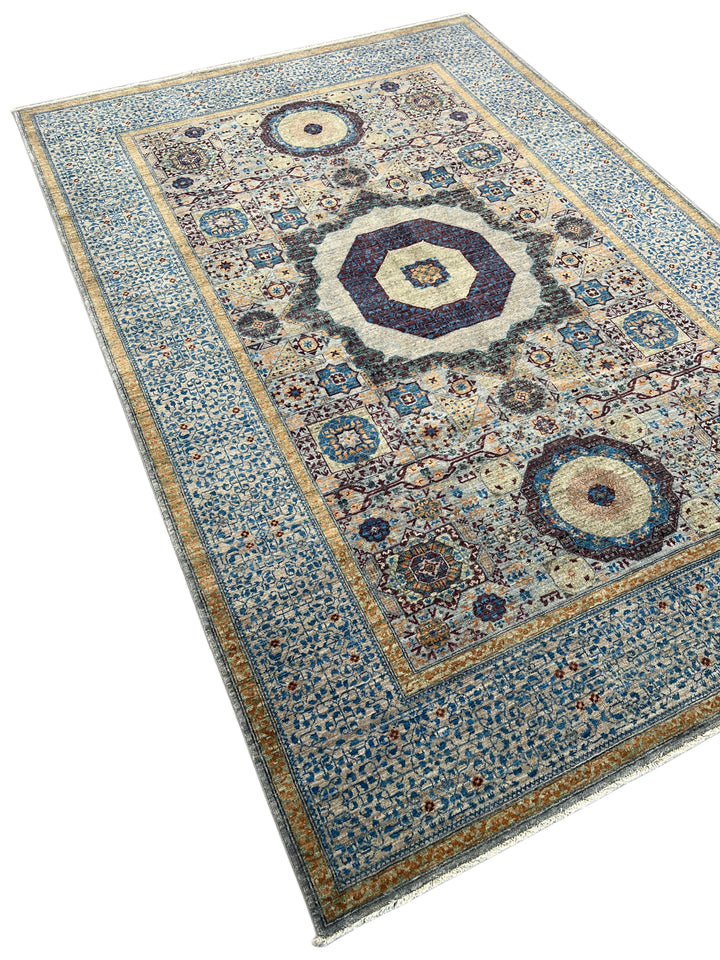 Blue, Ivory &amp; Plum Mamluk Style Geometric Wool Rug – 6’1” x 9’0”