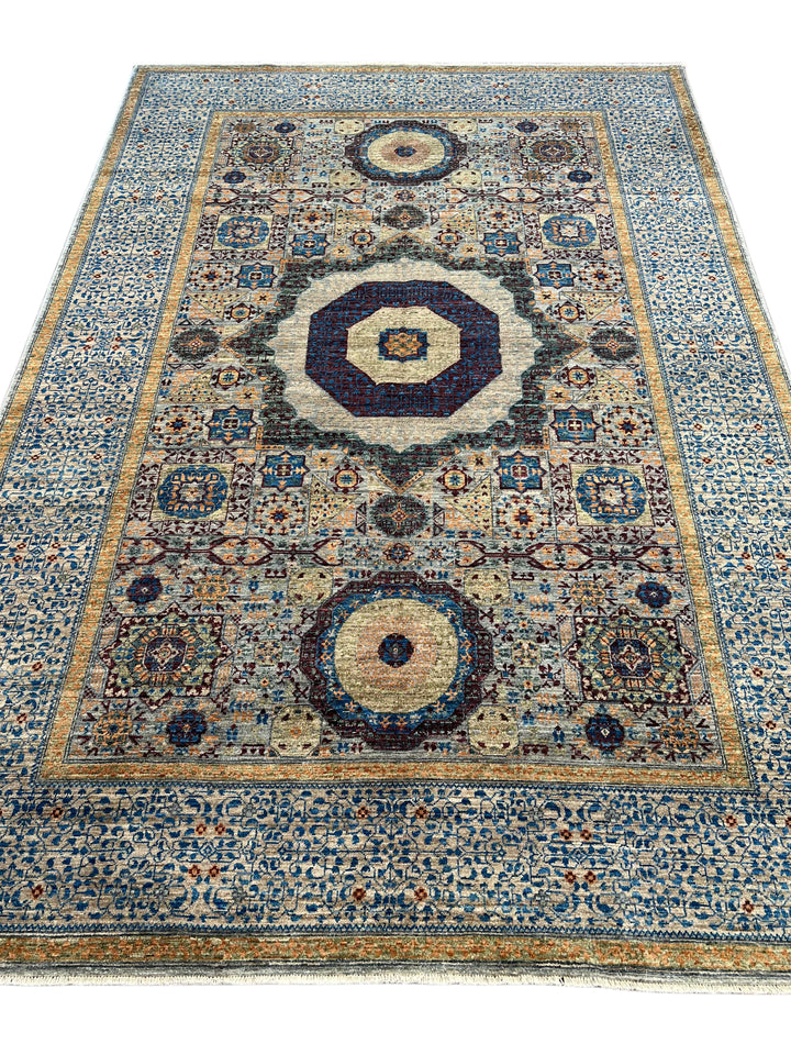 Blue, Ivory &amp; Plum Mamluk Style Geometric Wool Rug – 6’1” x 9’0”