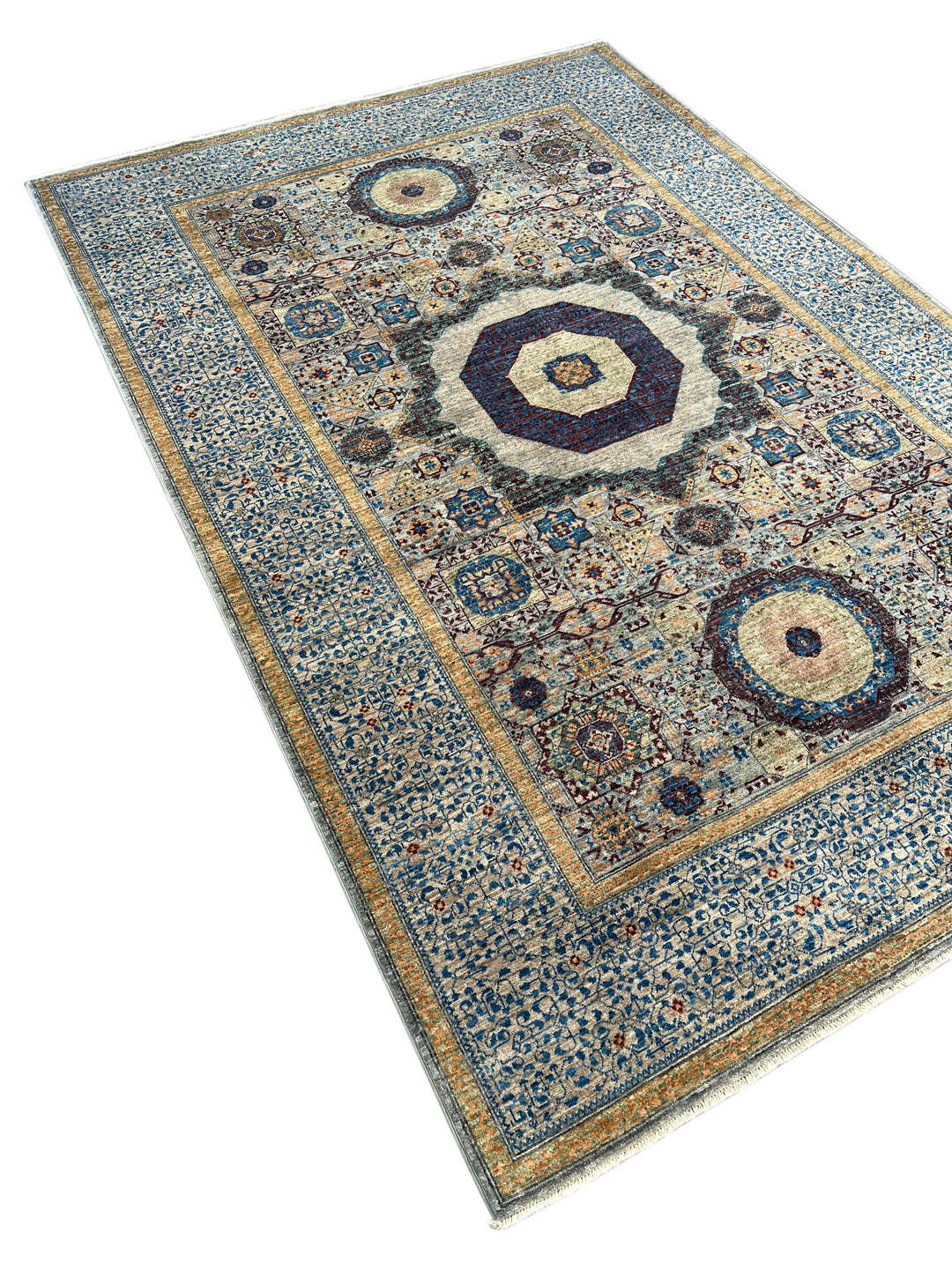Blue, Ivory &amp; Plum Mamluk Style Geometric Wool Rug – 6’1” x 9’0”