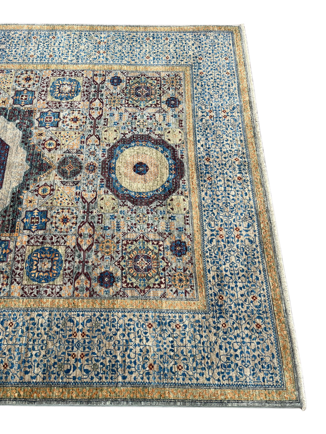 Blue, Ivory &amp; Plum Mamluk Style Geometric Wool Rug – 6’1” x 9’0”